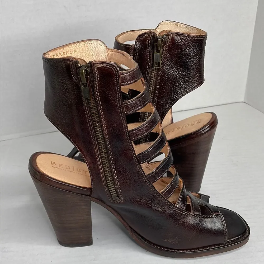 Bed Stu Occam dark brown rustic leather peep toe Gladiator Heels